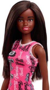 Barbie Fashion Doll With Straight Black Hair Wearing Removable Pink Dress With Logo Print & Shoes For Kids Ages 3+